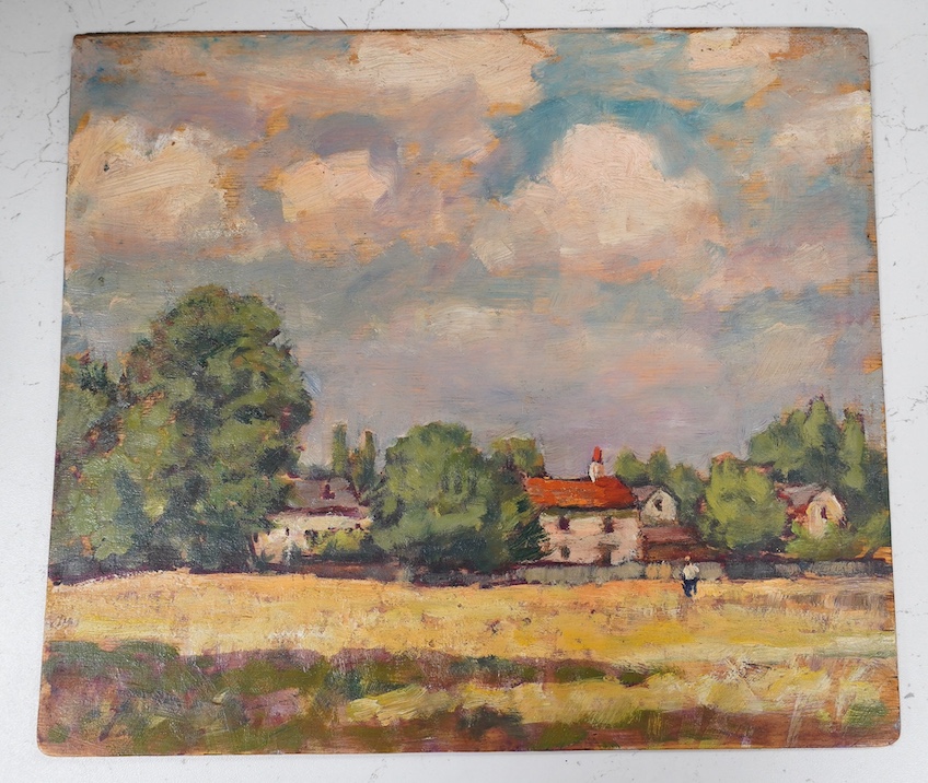 Llewellyn Petley-Jones (1908-1986), oil on board, 'Summer Day, Richmond', inscribed and dated July 28th 1984, 24 x 27cm, unframed. Condition - good